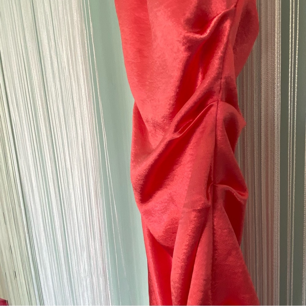 Coral Satin Ruched Strapless Dress - Picture 12 of 17